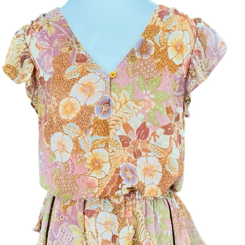Olivaceous orange floral v neck blouson style  elastic waist ruffled dress , M.